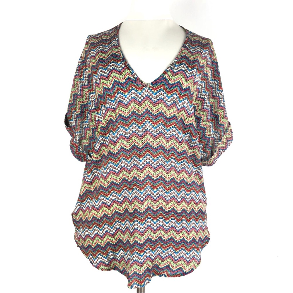 LUSH Chevron Print V Neck Semi Sheer Top SMALL
